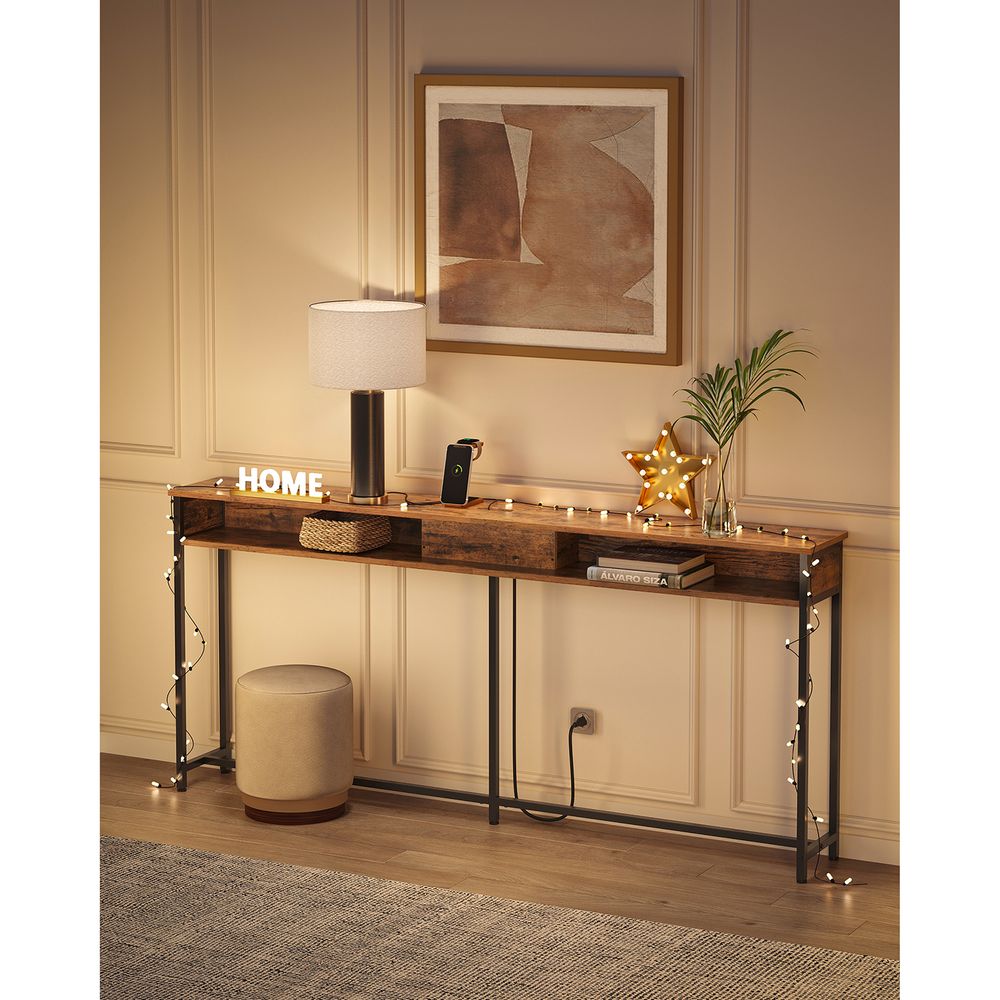 70 Inch Console Table With Outlet – Slim Design – Shelves for Entryway