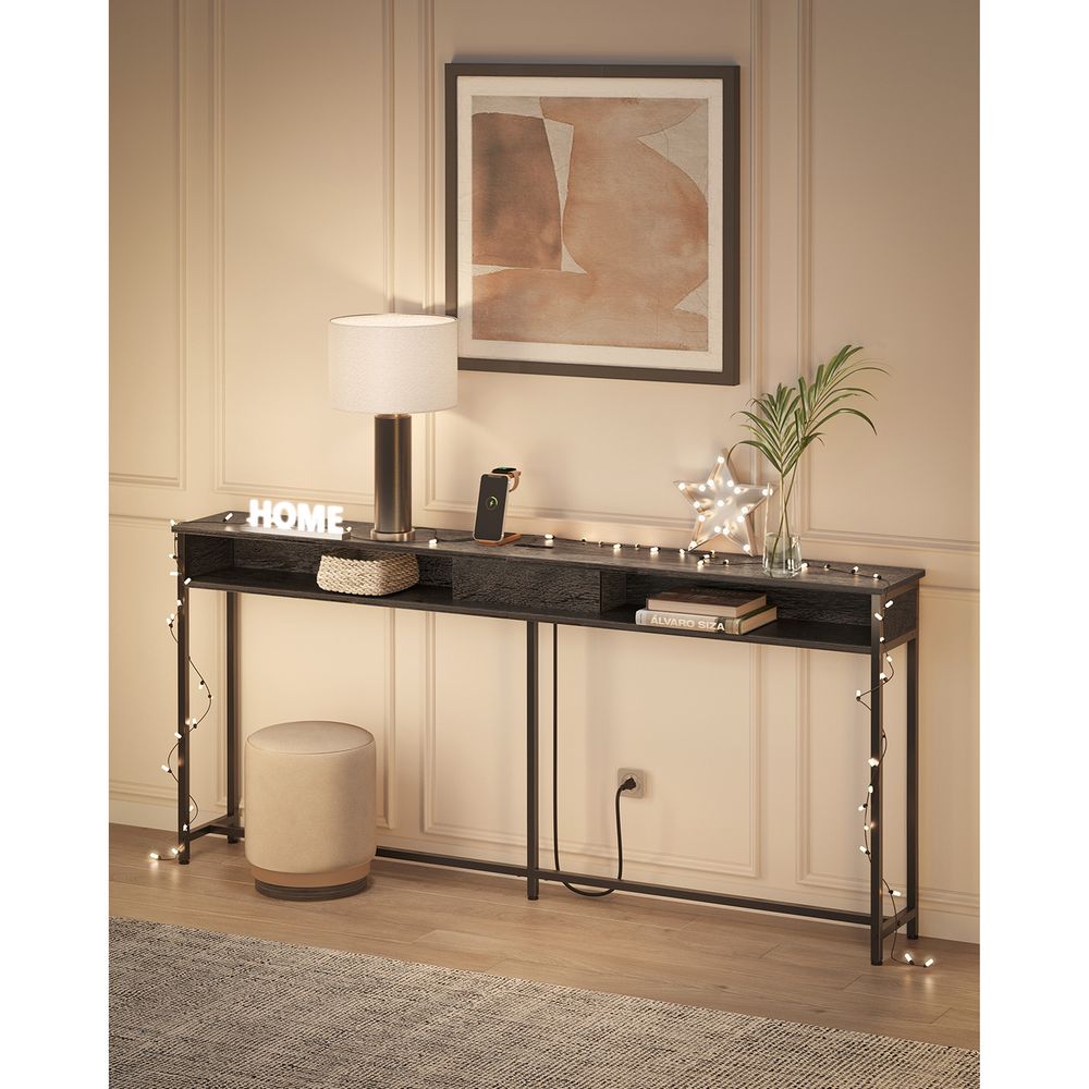 70 Inch Console Table With Outlet – Slim Design – Shelves for Entryway