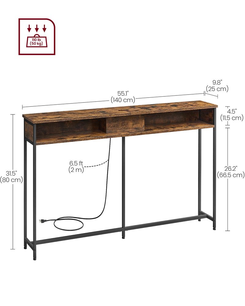 70 Inch Console Table With Outlet – Slim Design – Shelves for Entryway