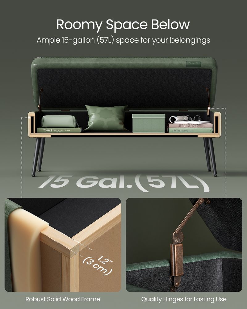 Storage Ottoman Bench - Steel Legs - Forest Green Upholstered