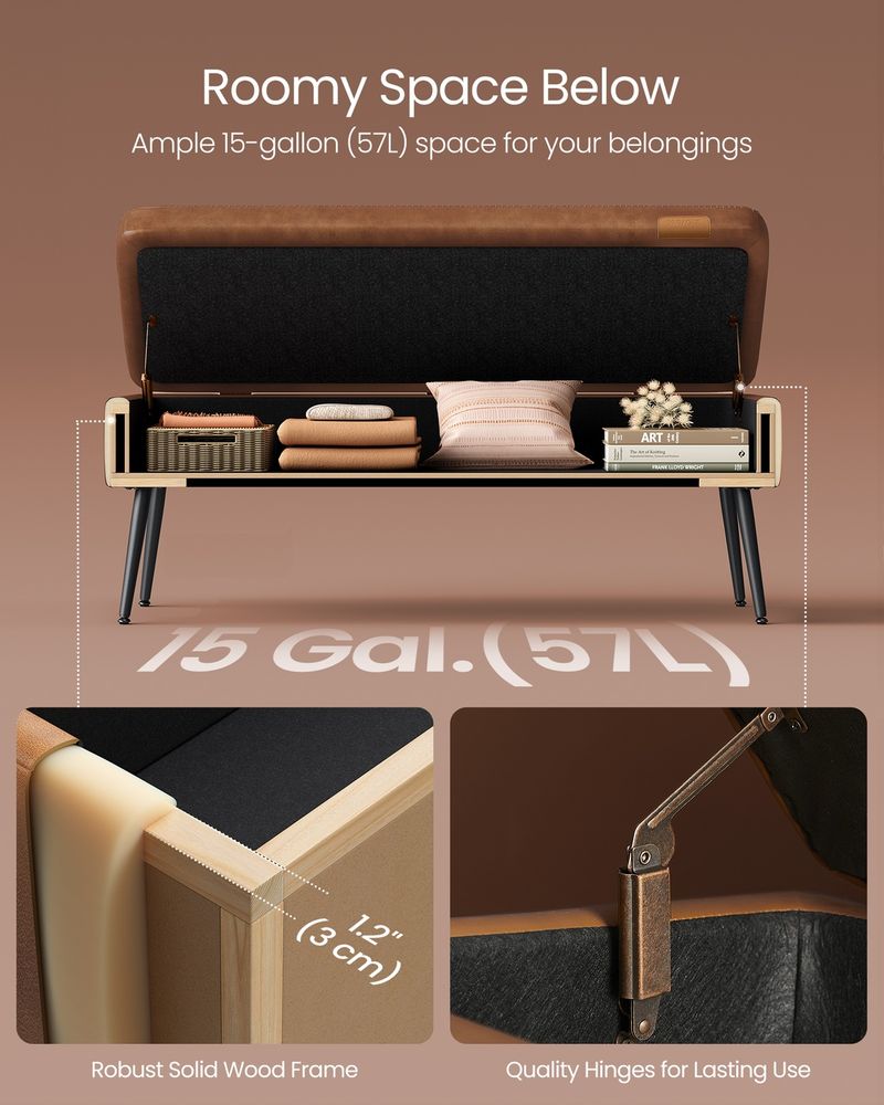 Storage Ottoman Bench - Steel Legs - Forest Green Upholstered