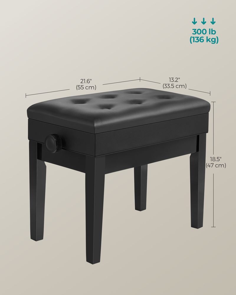 Piano Bench Stool - Adjustable Height - Wooden Seat With Storage
