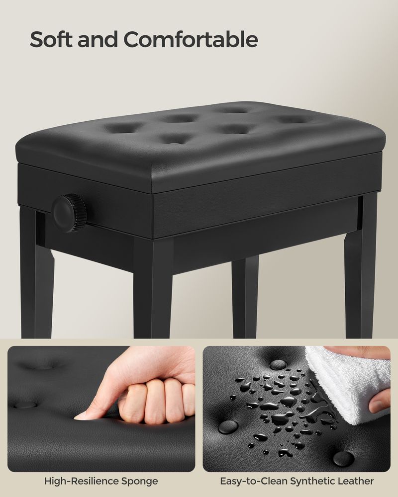 Piano Bench Stool - Adjustable Height - Wooden Seat With Storage