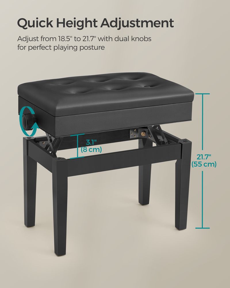 Piano Bench Stool - Adjustable Height - Wooden Seat With Storage