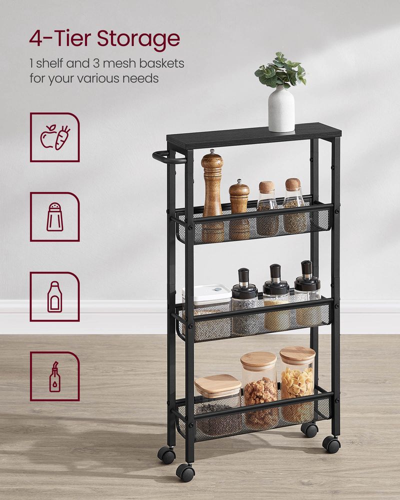 Rolling Storage Cart - 4 Or 5 Tier - Slim With Wheels