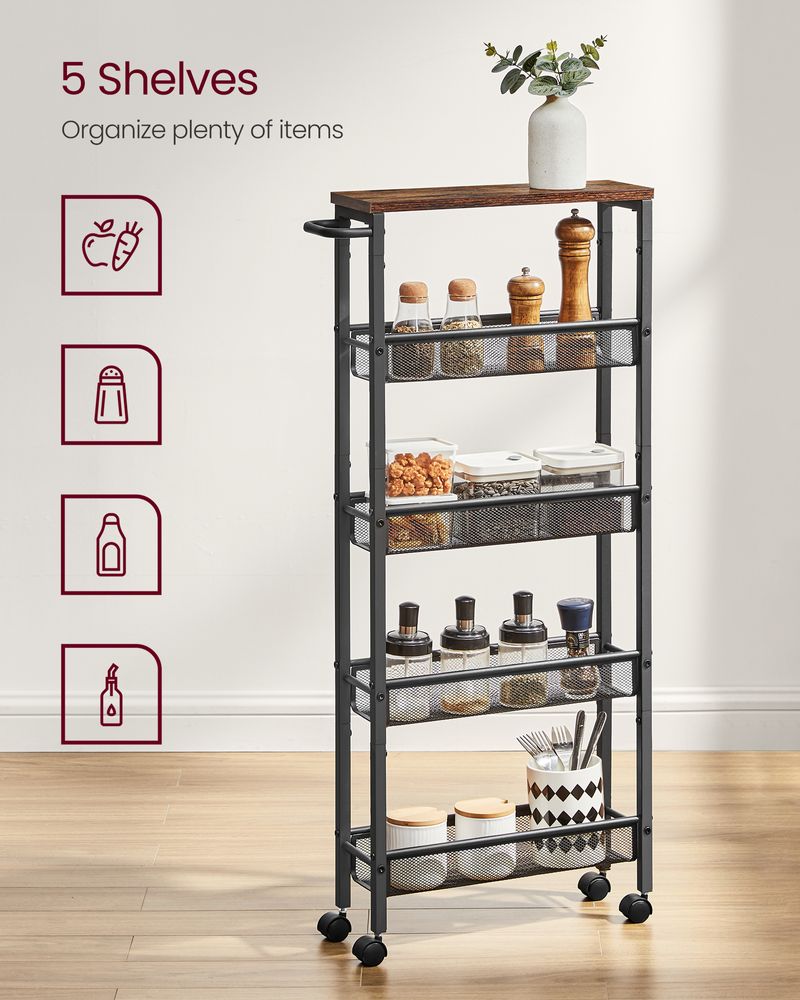 Rolling Storage Cart - 4 Or 5 Tier - Slim With Wheels