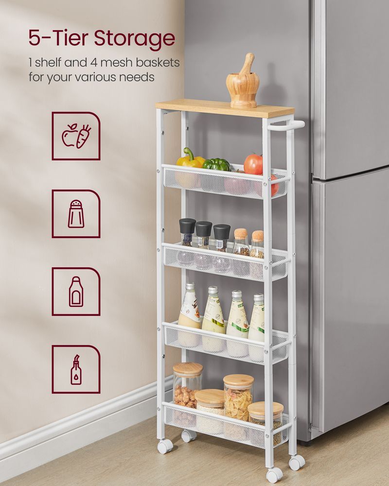 Rolling Storage Cart - 4 Or 5 Tier - Slim With Wheels