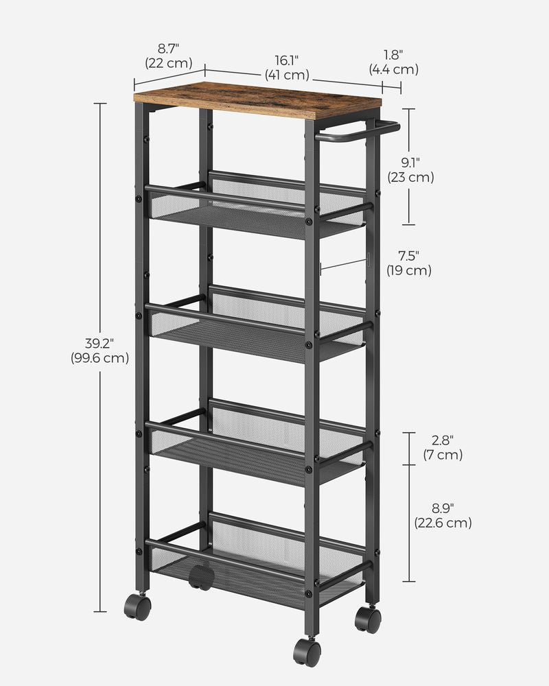 Rolling Storage Cart - 4 Or 5 Tier - Slim With Wheels