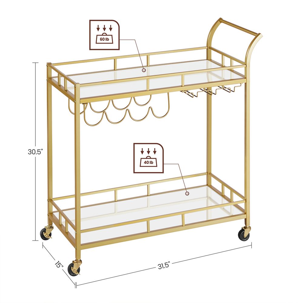 Home Bar Serving Cart - 2 Mirrored Shelves - Rolling Design