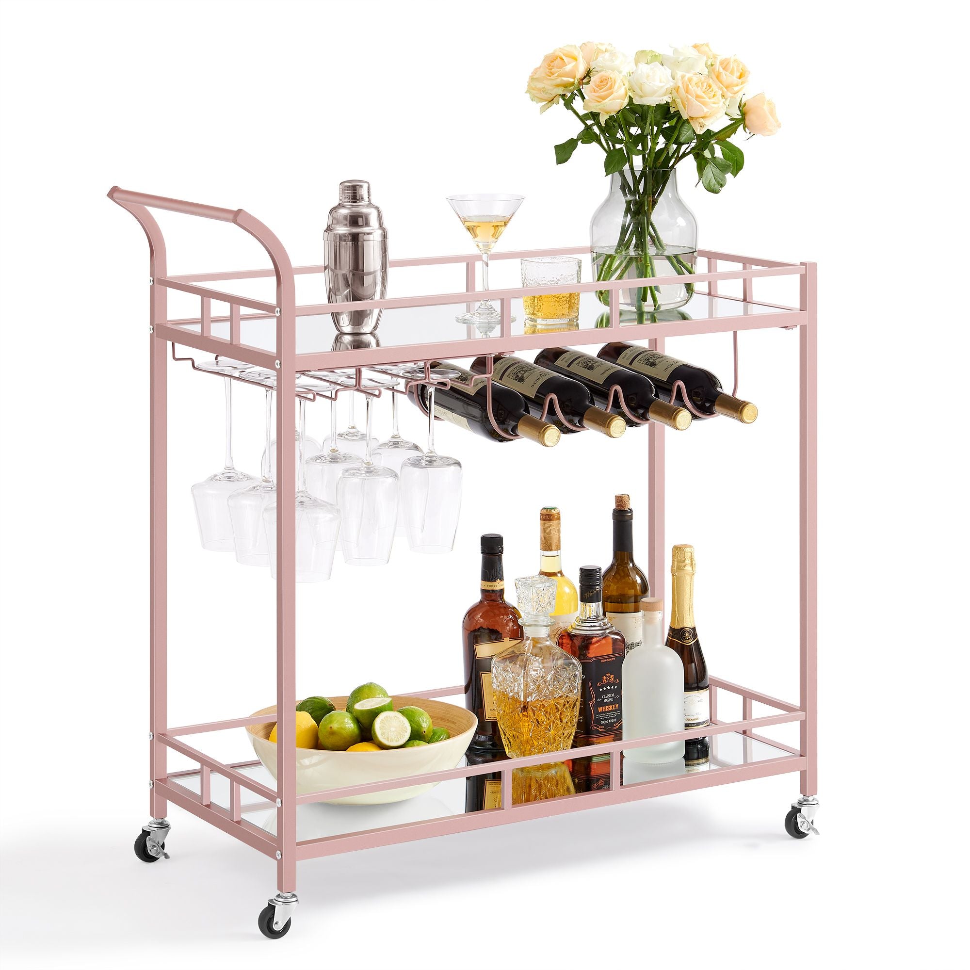 Home Bar Serving Cart - 2 Mirrored Shelves - Rolling Design