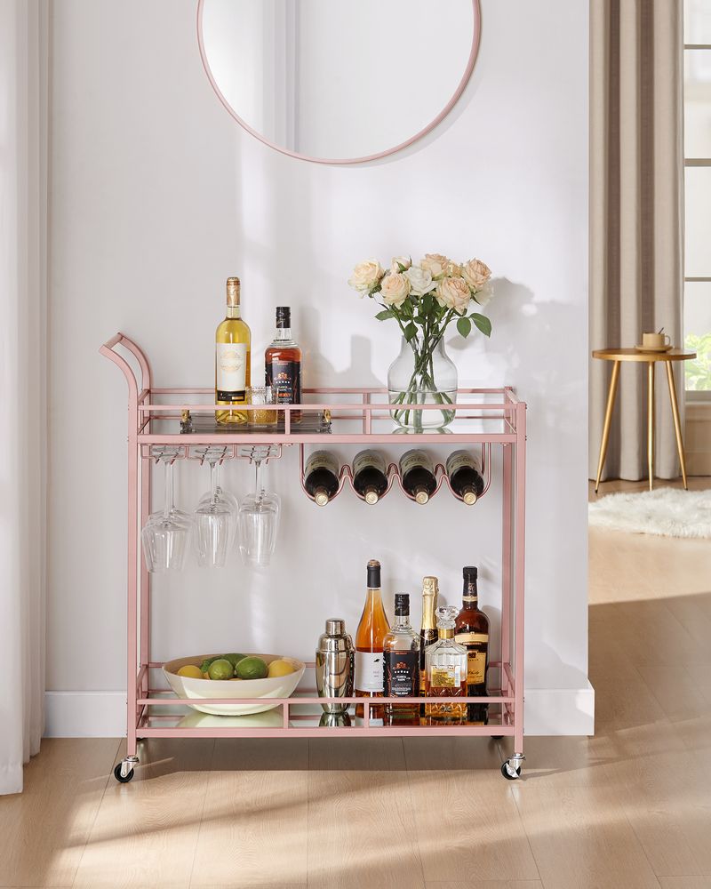 Home Bar Serving Cart - 2 Mirrored Shelves - Rolling Design