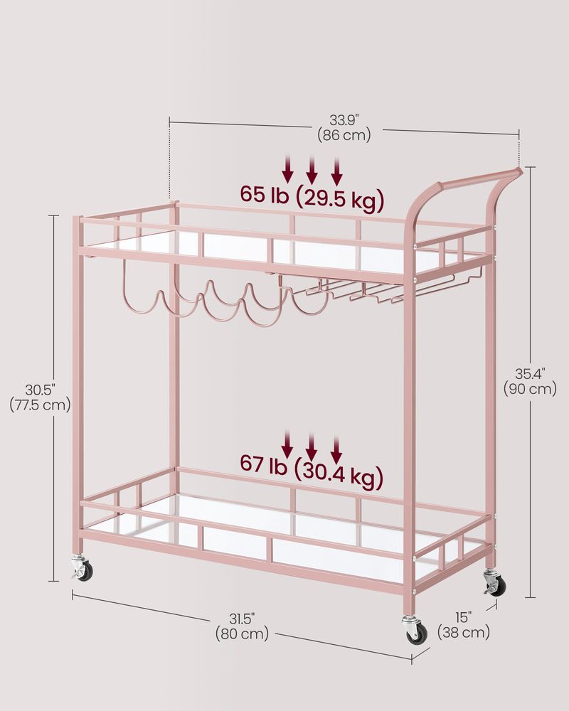 Home Bar Serving Cart - 2 Mirrored Shelves - Rolling Design