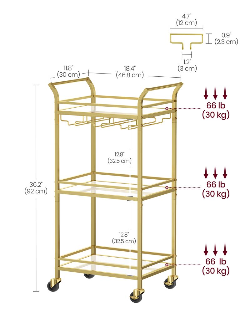 Bar Cart - Small 3 Tier - Mirrored Shelves With Wheels