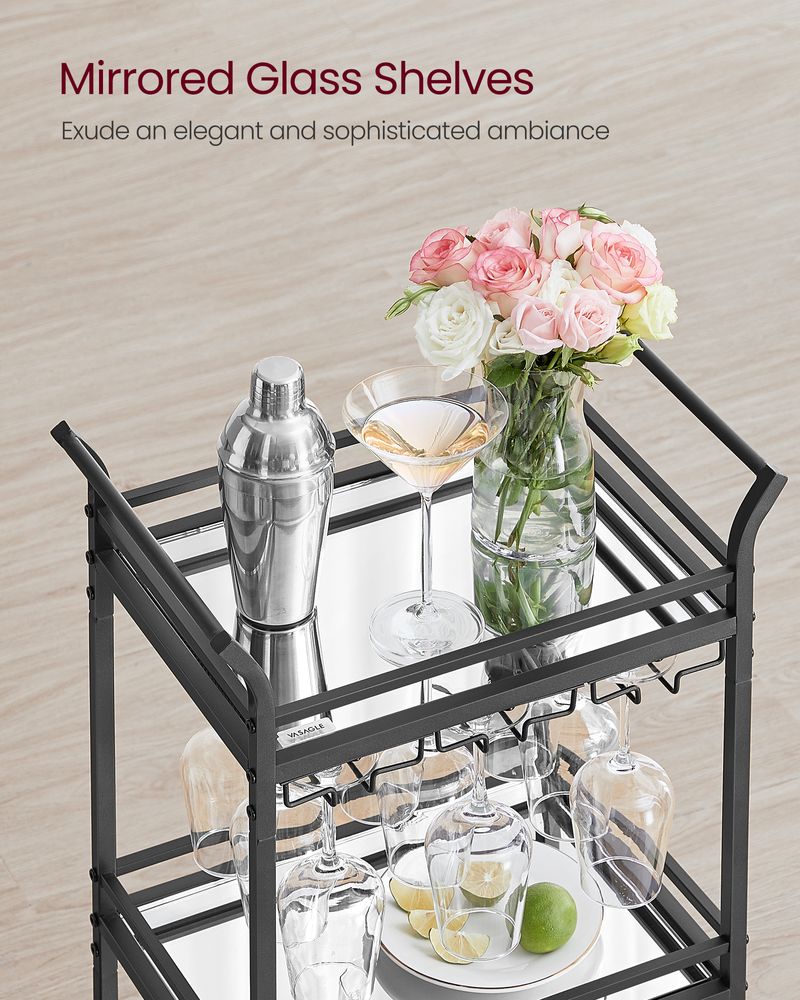 Bar Cart - Small 3 Tier - Mirrored Shelves With Wheels