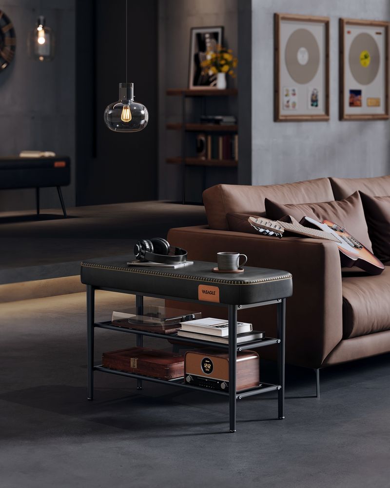 Shoe Bench With Cushion - Metal Shelves - Entryway Storage