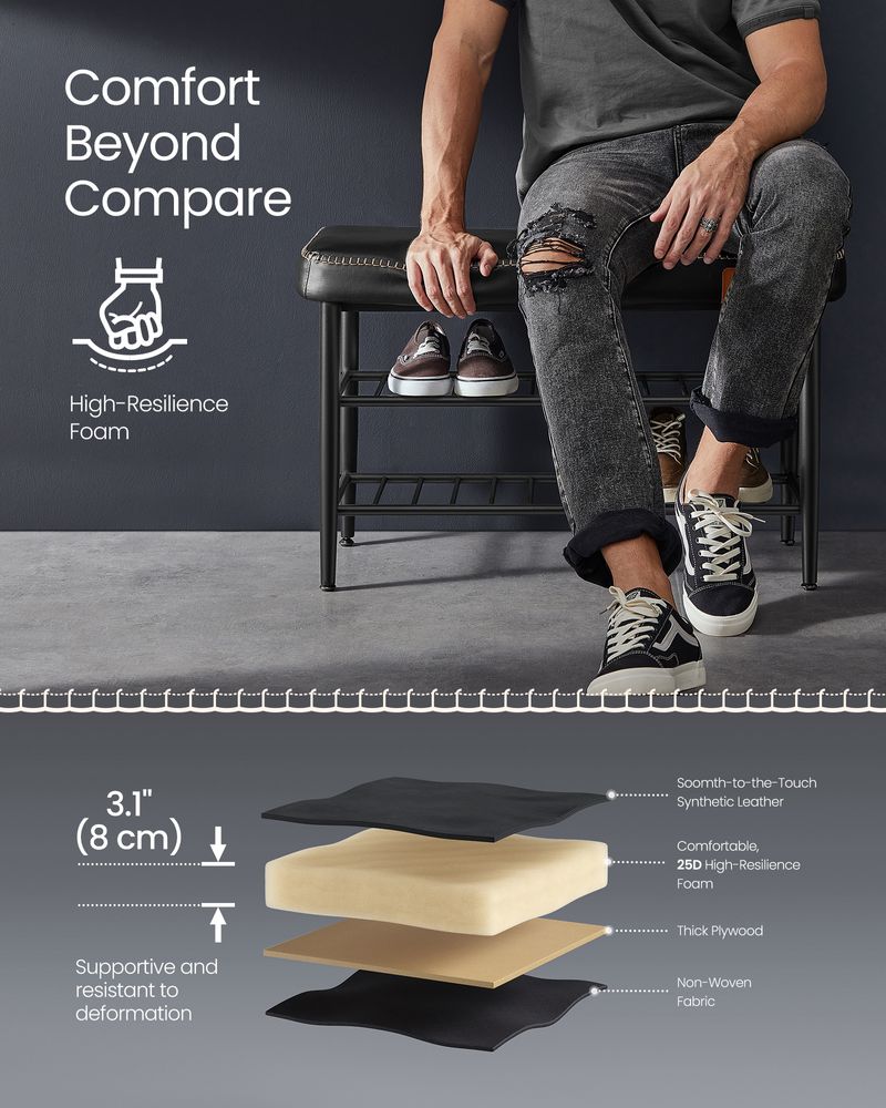 Shoe Bench With Cushion - Metal Shelves - Entryway Storage