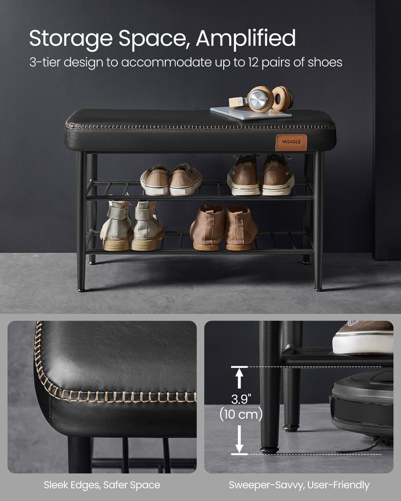 Shoe Bench With Cushion - Metal Shelves - Entryway Storage