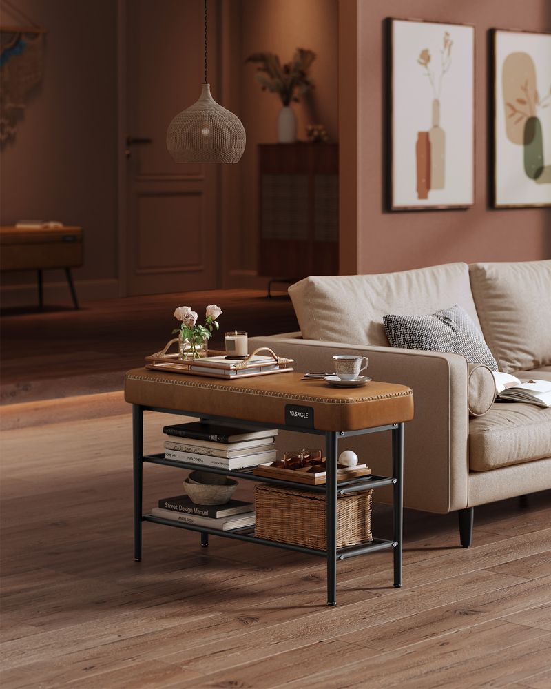 Shoe Bench With Cushion - Metal Shelves - Entryway Storage