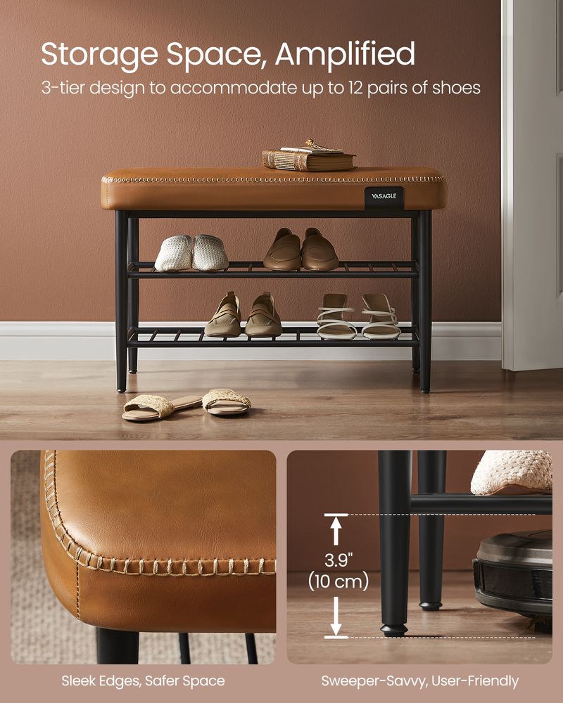 Shoe Bench With Cushion - Metal Shelves - Entryway Storage