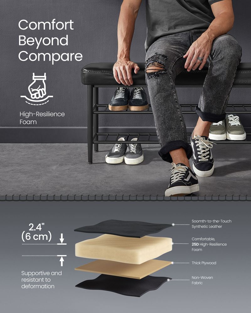 Shoe Bench With Cushion - Metal Shelves - Entryway Storage