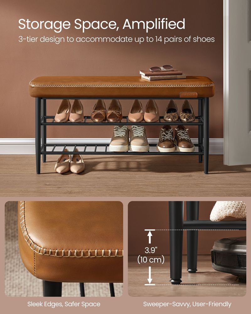 Shoe Bench With Cushion - Metal Shelves - Entryway Storage