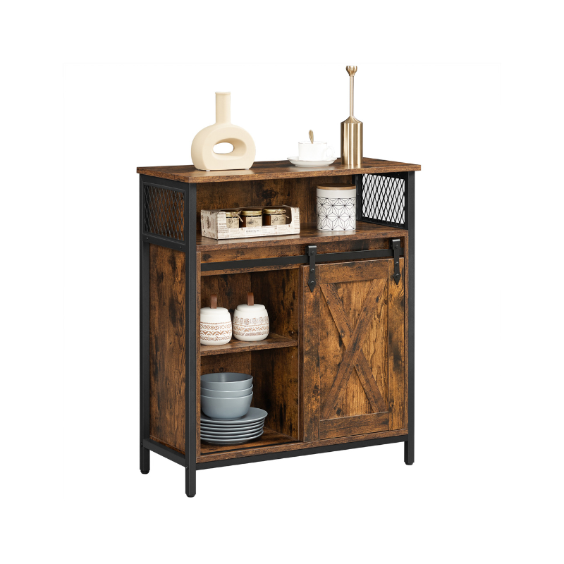 Buffet Cabinet with Sliding Barn Door – Open Storage – Adjustable Shelves