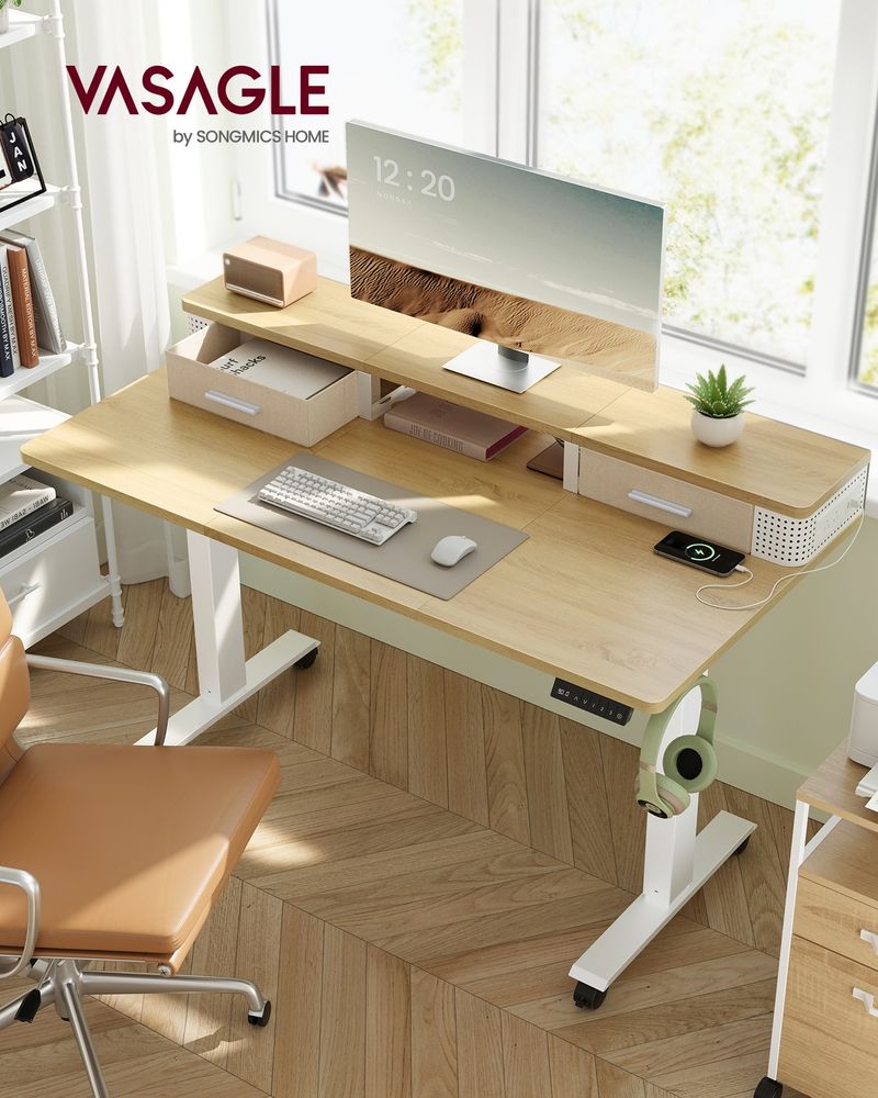 Electric Standing Desk With Drawers – Height Adjustable – Built-In Power Outlets
