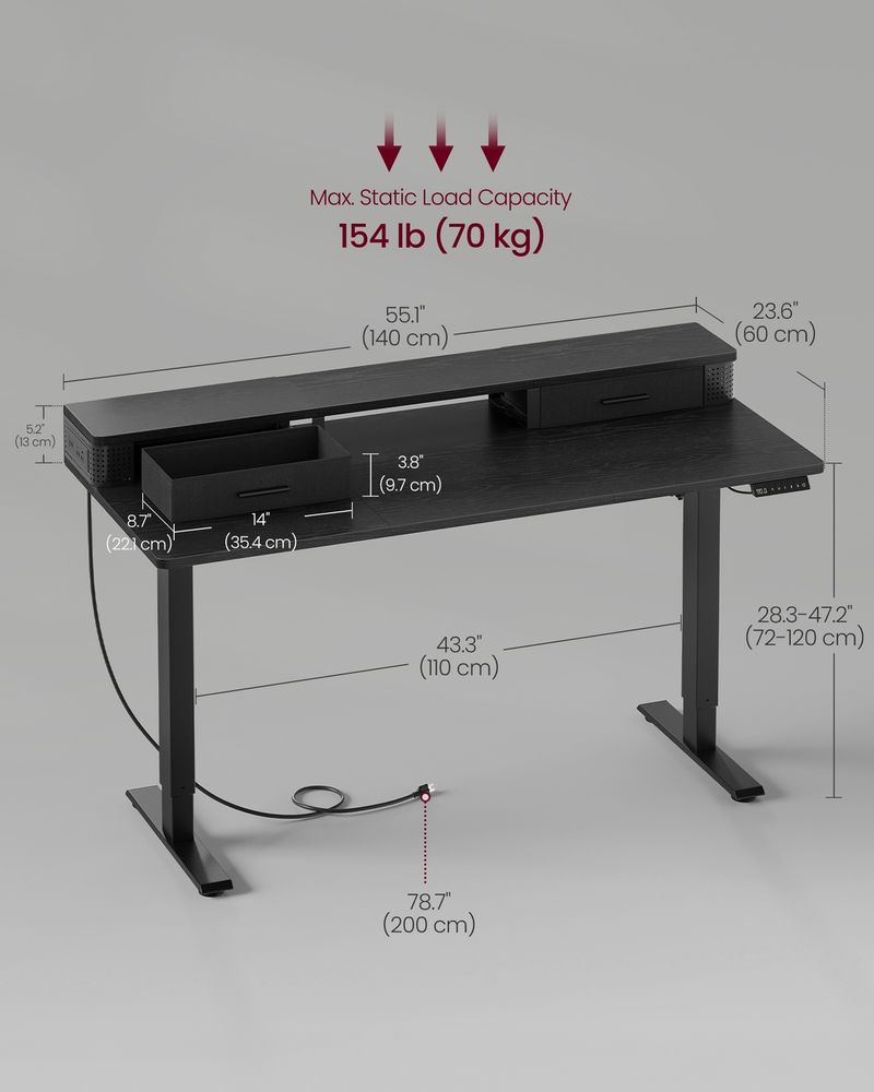 Electric Standing Desk With Drawers – Height Adjustable – Built-In Power Outlets