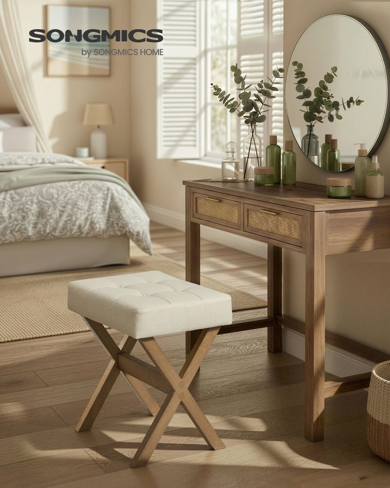 Makeup Stool – Padded Seat & Foot Rest – Vanity Seating Stool
