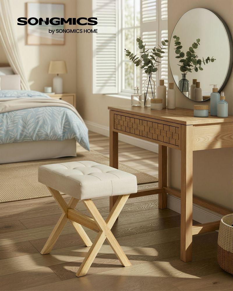 Makeup Stool – Padded Seat & Foot Rest – Vanity Seating Stool
