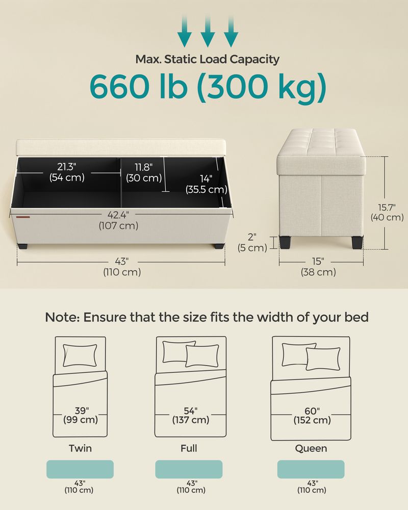 Storage Ottoman Bench - 43.3 Inch - Linen Look Seating