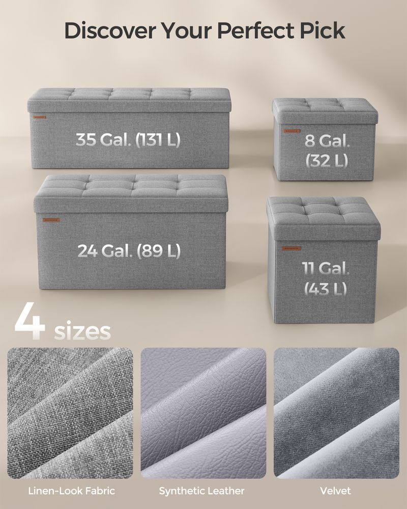Storage Ottoman Bench - 30 Inch Folding - Linen Upholstered Storage