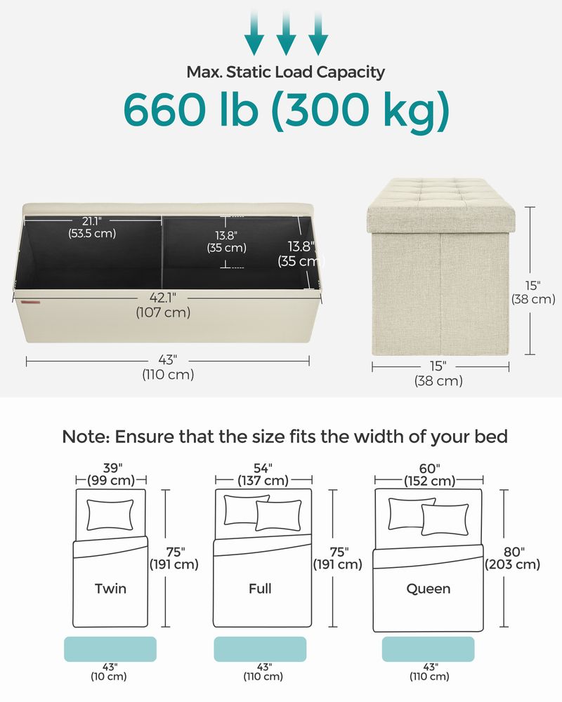 Folding Storage Ottoman Bench – Linen Fabric – 43 Inch Seating Box