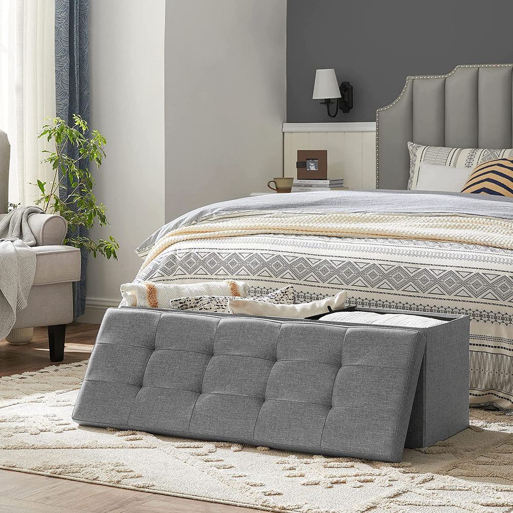 Folding Storage Ottoman Bench – Linen Fabric – 43 Inch Seating Box