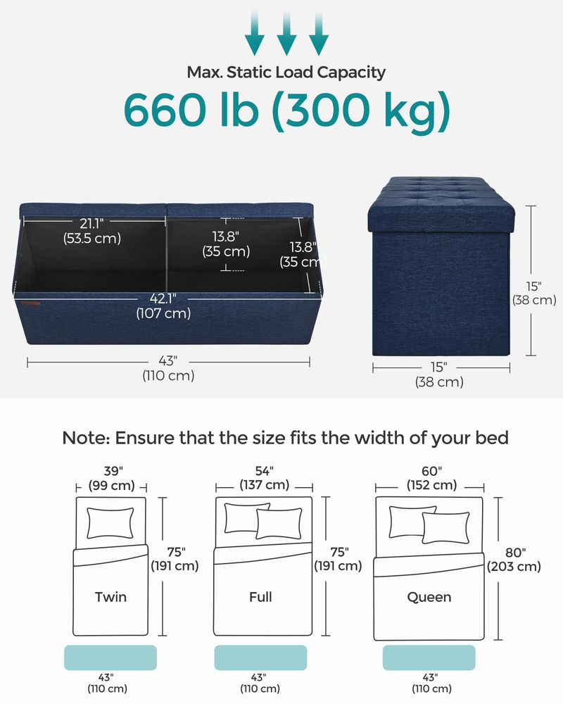 Folding Storage Ottoman Bench – Linen Fabric – 43 Inch Seating Box