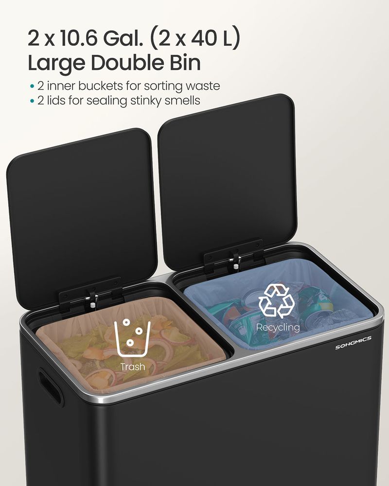 Double Kitchen Trash Can – 2 x 10.6 Gallon – Step Pedal Soft Close