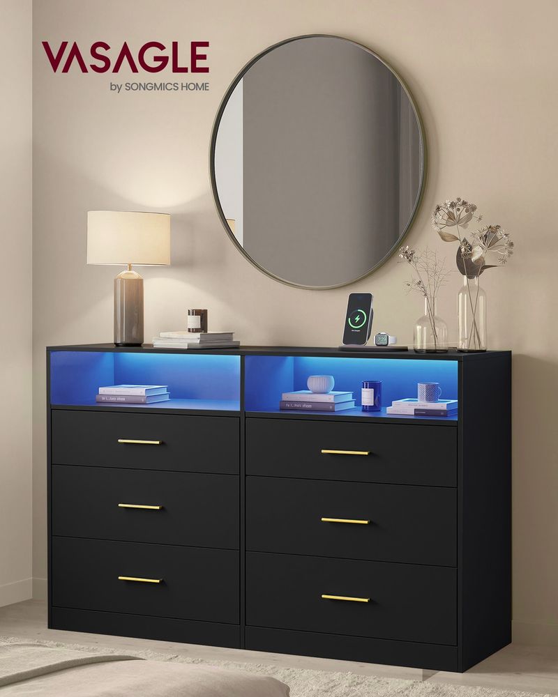 6 Drawer Dresser With Charging Station LED Lights Storage Cabinet