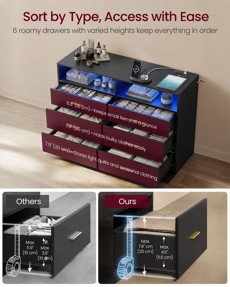 6 Drawer Dresser With Charging Station LED Lights Storage Cabinet