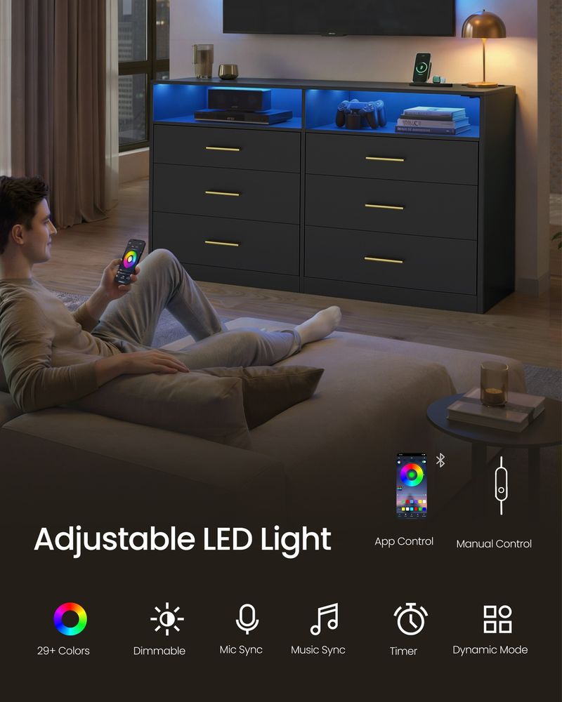 6 Drawer Dresser With Charging Station LED Lights Storage Cabinet