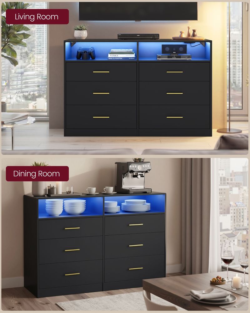 6 Drawer Dresser With Charging Station LED Lights Storage Cabinet