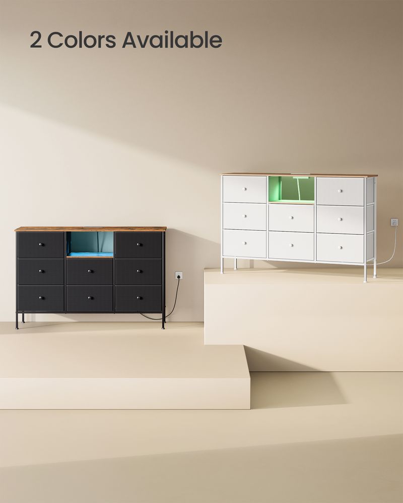 Fabric Dresser with Power Outlets & LED Lights – 8 Drawers – Storage Chest
