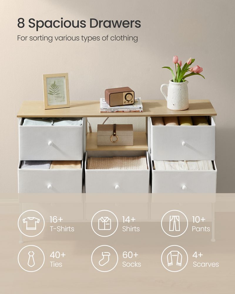 Fabric Dresser with Power Outlets & LED Lights – 8 Drawers – Storage Chest