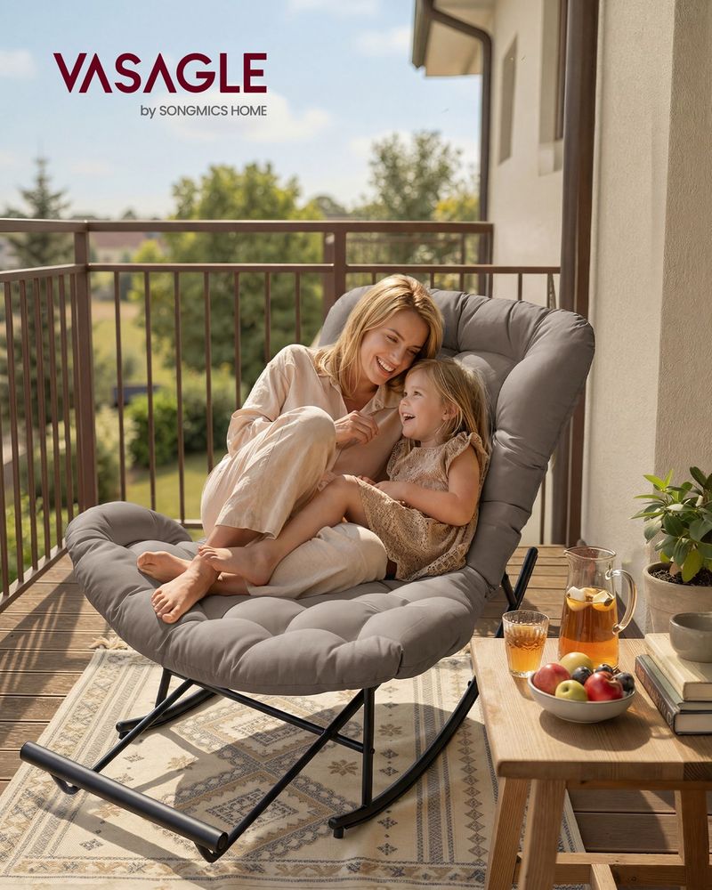 Papasan Rocking Chair – Adjustable Footrest – Cushioned Lounge Chair
