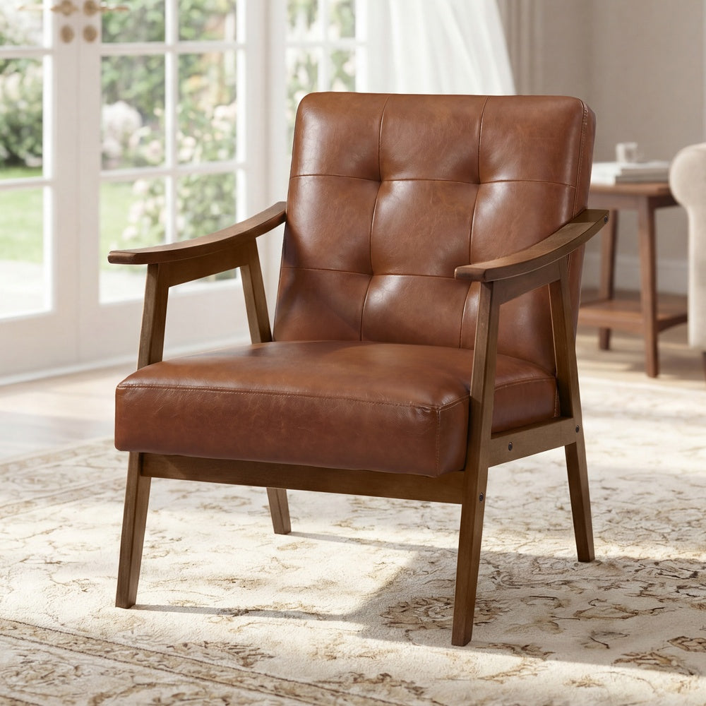 Accent Chair – Mid Century Modern PU Leather – Tufted Armchair