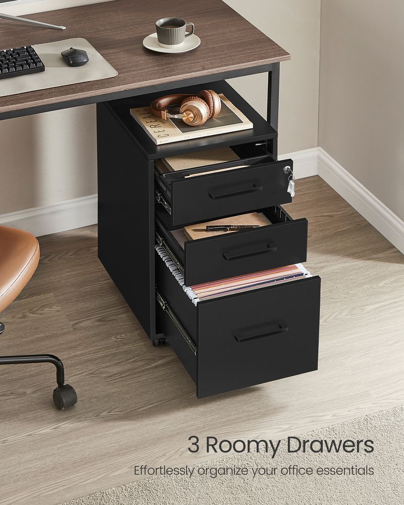 Office Filing Cabinet With Lock – 3 Drawers – Rolling Storage