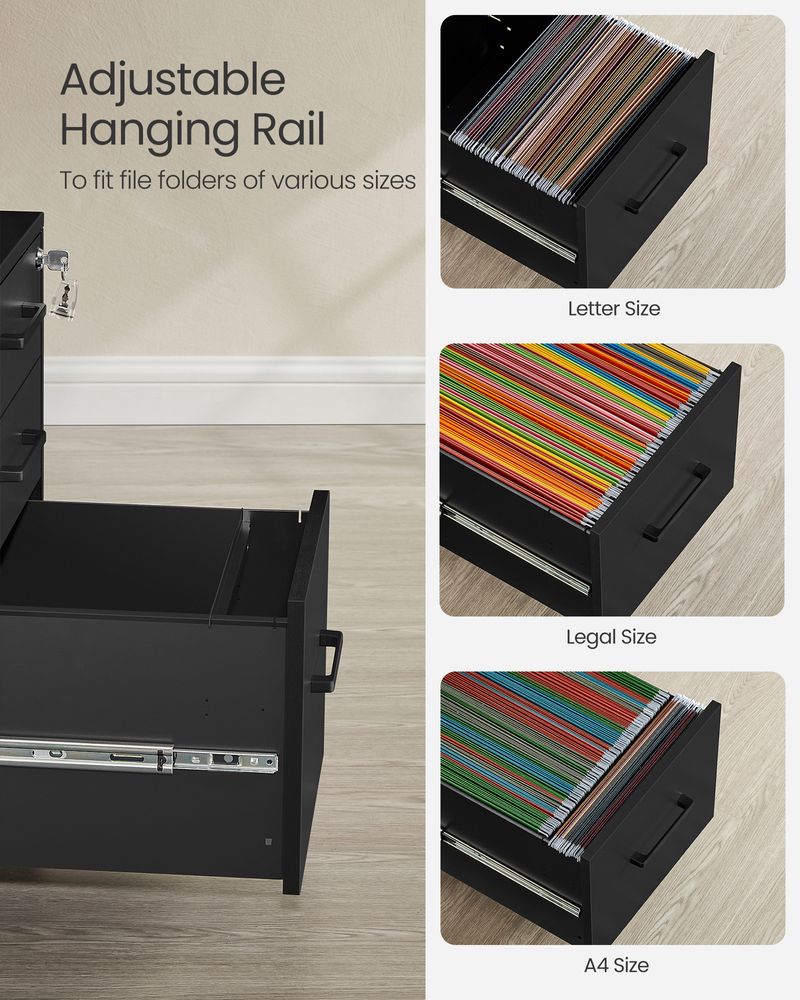 Office Filing Cabinet With Lock – 3 Drawers – Rolling Storage