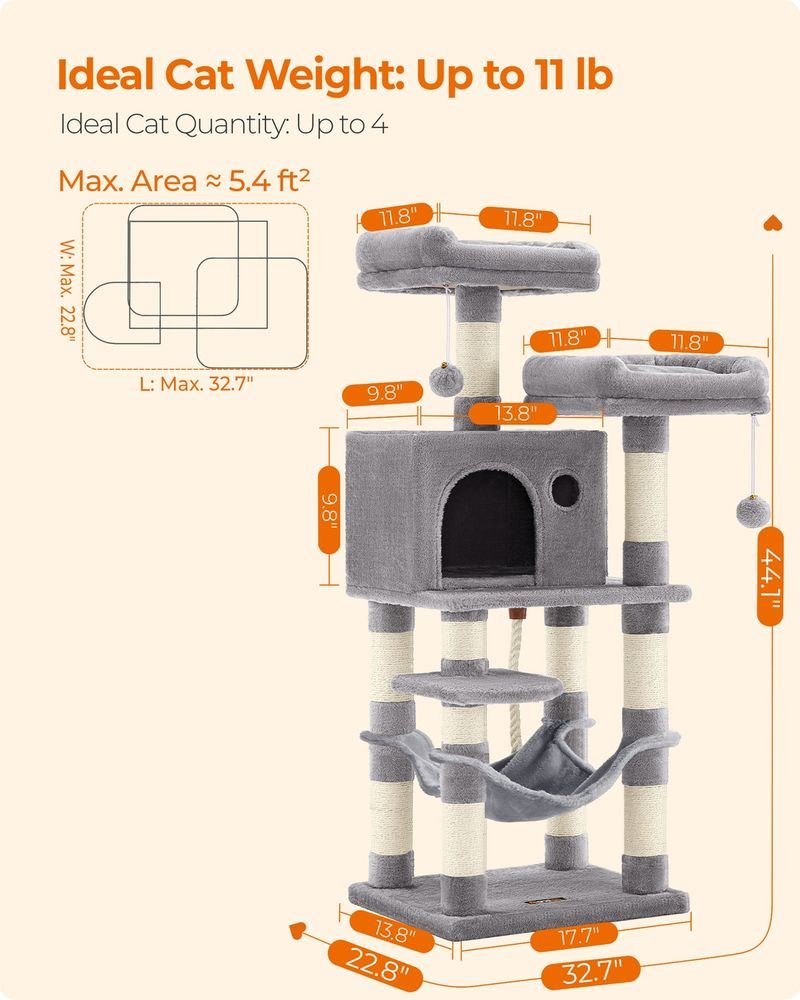44 Inch Cat Tower Multi Level Cat Condo With Scratching Posts Hammock
