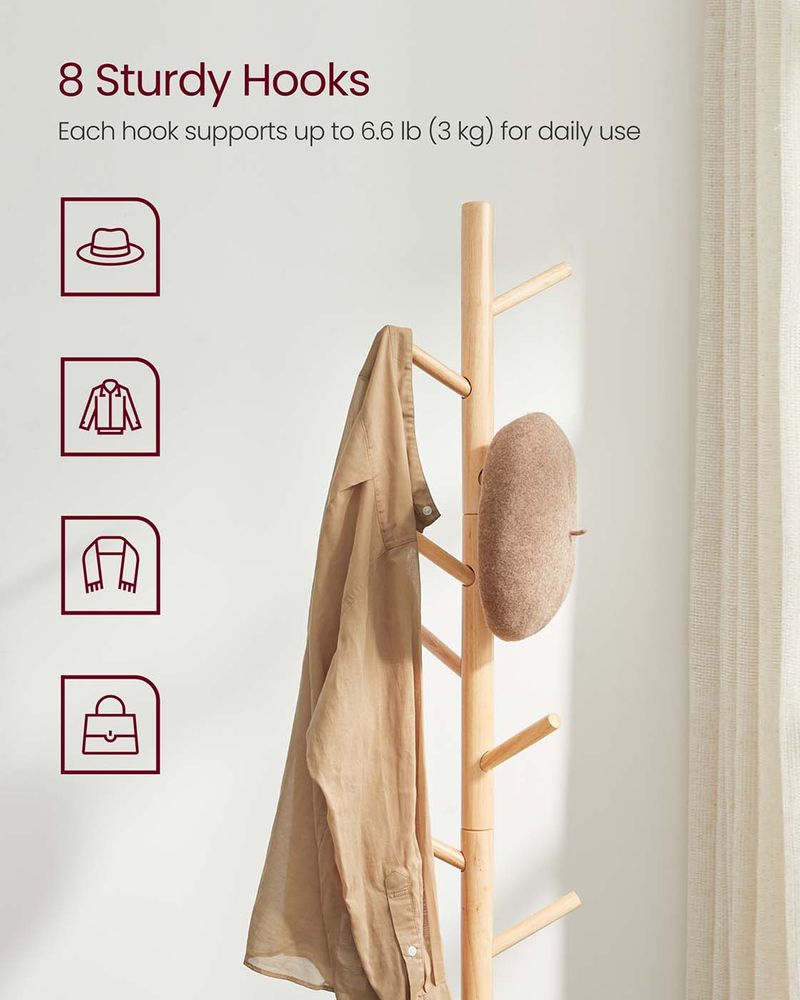Solid Wood Coat Rack - Freestanding - 8 Hook Design