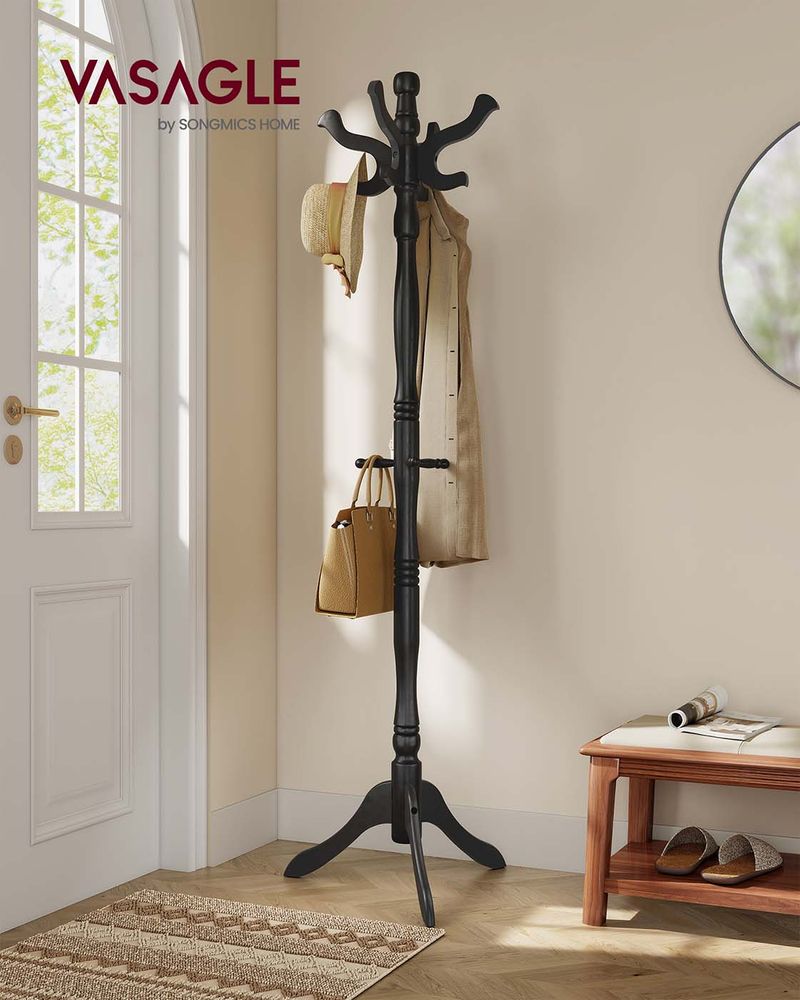 Coat Rack - Freestanding Wood Stand - 11 Hook Entryway
