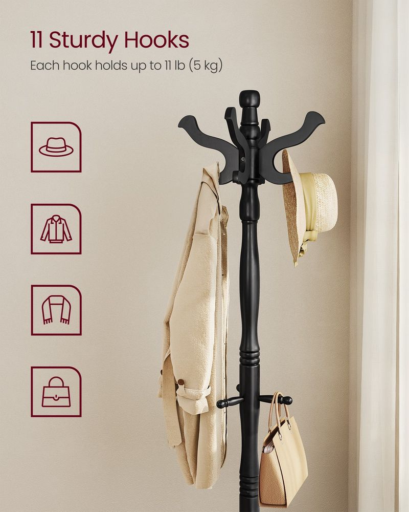 Coat Rack - Freestanding Wood Stand - 11 Hook Entryway
